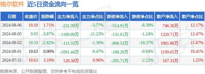 股票行情快报：格尔软件（603232）8月6日主力资金净卖出231.39万元