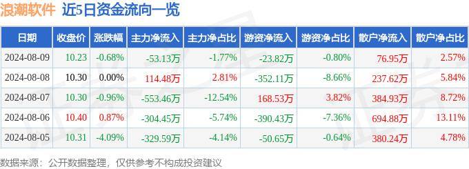 股票行情快报：浪潮软件（600756）8月9日主力资金净卖出53.13万元